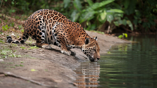 jaguar on&ccedil;a pintada in the forest, drinking water on the edge of a lake
