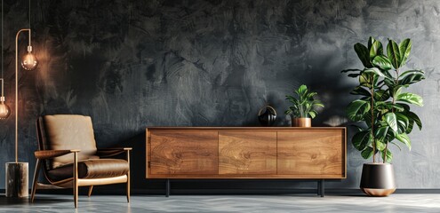 Minimalist interior design of a modern living room with a wooden cabinet, armchair and dark gray wall background