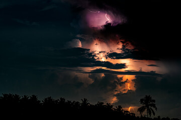 thundering and lighting in night rainy sky