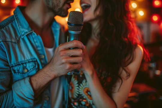 Couple Singing Duet at Karaoke Bar

