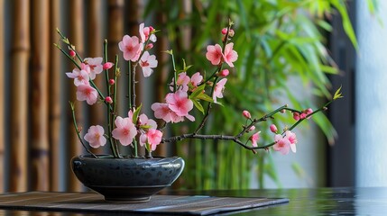 A serene ikebana arrangement using cherry blossoms and bamboo in a traditional Japanese setting