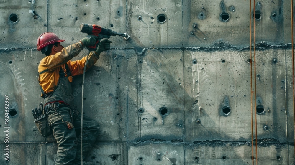 Wall mural a worker using a heavyduty drill to create ventilation holes in a concrete wall for the hvac system.