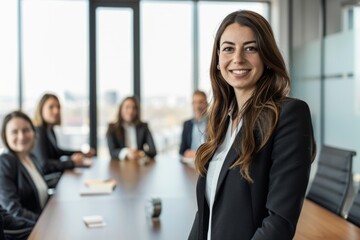 Young successful businesswoman at corporate office looking at camera. Office business portrait