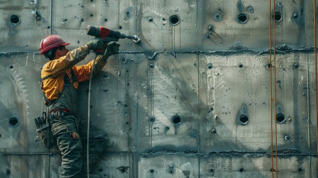 A worker using a heavyduty drill to create ventilation holes in a concrete wall for the HVAC system.