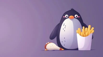 Cute cartoon penguin with french fries and drumstick on purple background, illustrating fast food concept with character design.