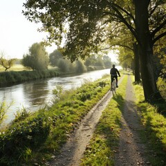 A person enjoying a leisurely bike ride along a scenic riverside path isolated on white background  