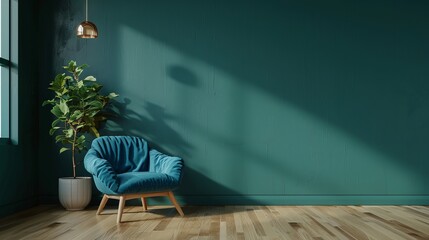 Modern Wooden Living Room with Blue Armchair against Dark Green Wall - 3D Rendering