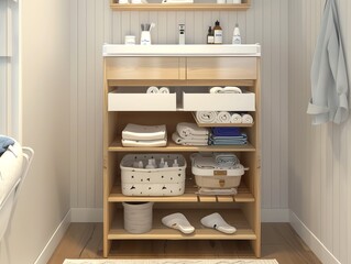 A realistic 3D render of a baby changing table with ample storage space