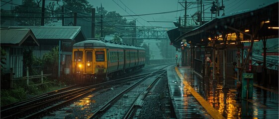 Nighttime train station in the city with trains on the tracks, electric lights, and passengers traveling