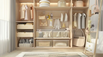 A realistic 3D render of a baby clothes storage organizer