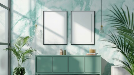 Frame mockup. Light blue marble wall background and home room interior with cabinets. 3D render