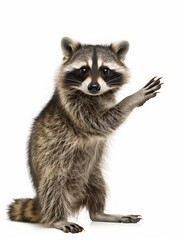 A curious raccoon reaches out with its paw, trying to grab a shiny object, isolated on a plain background, emphasizing its clever nature