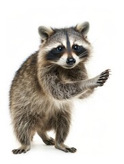 A curious raccoon reaches out with its paw, trying to grab a shiny object, isolated on a plain background, emphasizing its clever nature