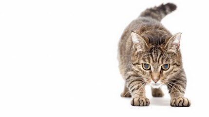 A stealthy cat stalks its prey, low to the ground with eyes locked on target, on a clean white background