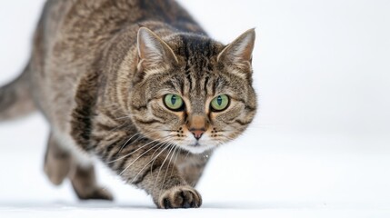 Obraz premium A stealthy cat stalks its prey, low to the ground with eyes locked on target, on a clean white background