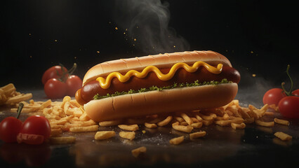 Hotdog bun and its components float and fly through the air. Set against a dramatic, smoky background