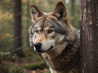 Fototapeta premium A grey wolf in the forest, close-up, background blurred, good illumination