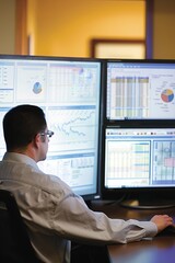 A manager reviews a detailed report on a large desktop monitor, with multiple windows open for different projects, representing multitasking and efficient time management in the workplace