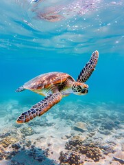 Fototapeta premium A sea turtle swims gracefully underwater, flippers moving effortlessly, with a clear ocean background