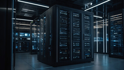  dark room filled with tall metal server racks with blinking lights.