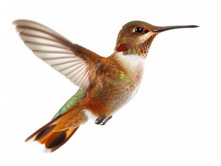 Fototapeta premium A hummingbird hovers near a flower, wings a blur of motion, isolated on a white background