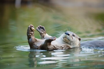 A playful otter floats on its back in a calm river, holding a clam in its paws, against a clear water background