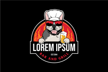 cute chef Dog Cartoon Character vector badge logo Bar and Grill template