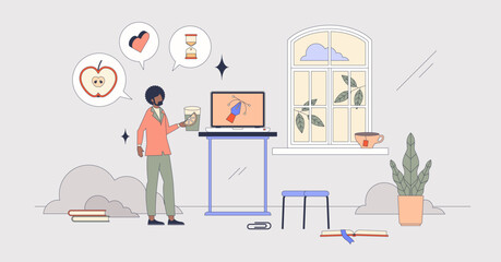 Healthy work habits for daily routine in office tiny person neubrutalism concept. Standing desk, healthy snacks and drink plenty of water for body and mind wellness in workplace vector illustration.
