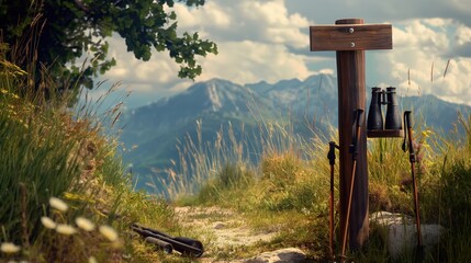 A scenic hiking trail with two walking sticks and a pair of binoculars resting against a wooden signpost, inviting a day of adventure.