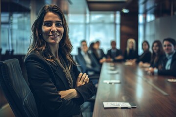 Young successful businesswoman at corporate office looking at camera. Smile and give off a confident look