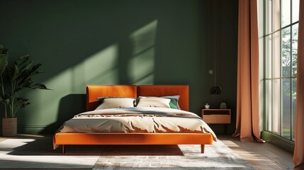 Orange Bed and Mockup Dark Green Wall in Bedroom Interior - 3D Rendering