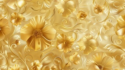 An opulent abstract gold floral texture featuring ornate blooms and swirling stems, providing a lavish and decorative pattern.