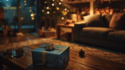 Elegant blue gift box on a wooden table, surrounded by a filled living room, close-up highlighting the details and cozy atmosphere