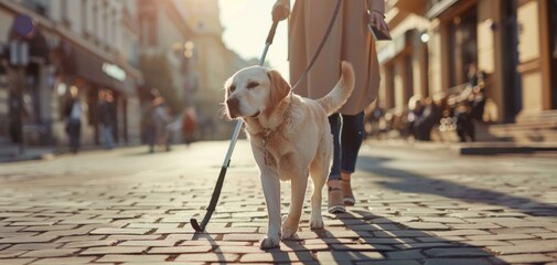 Blind individual walking with guide dog, using white cane, safety and independence, city life