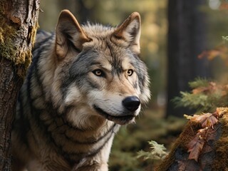 Obraz premium Close-up of a grey wolf in a forest environment, blurred background, high-quality lighting