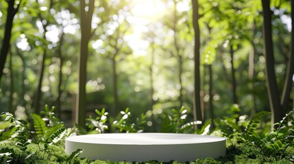 Podium in forest, White podium, Green nature background, 3D forest stand, Nature product display
