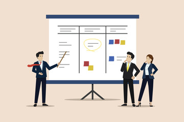 Working teammates meeting, business success planning concept, business people team meeting for business marketing planning concept with color sticky notes on whiteboard concept.
