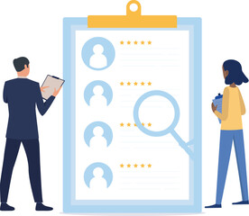 Boy and girl are looking for a person for analyst job.