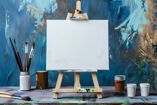 Wooden easel with blank canvas and painting tools near color wall in artist's room.