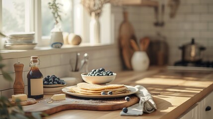 Homemade Pancake Preparation in a Modern Kitchen: Natural Light Illuminates a Bowl of Batter, Whisk, and Sizzling Pancakes on a Griddle, Complemented by Fresh Blueberries, Maple Syrup, and Butter for 