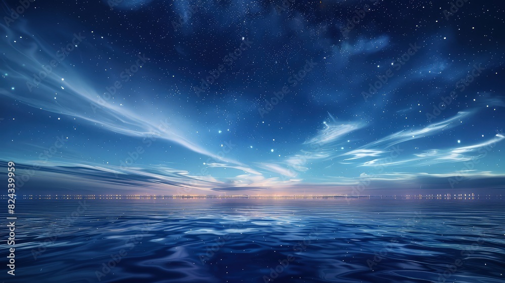 Wall mural the sea under a starlit sky with wispy clouds reflecting the glow of the distant city lights on the 