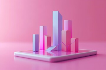 3D Graphs and Bar Charts on a Tablet Display in Pastel Colors Against a Pink Background, Representing Modern Data Visualization and Analytics