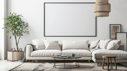 Mockup Poster Frame on the Wall of Living Room with Sofa and Table against White Wall - 3D Rendering
