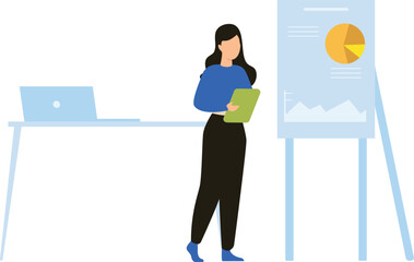 The girl is standing holding a file.