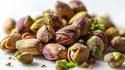 Delicious Fresh Pistachios on Defocused White Background