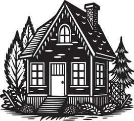 hand drawn house with trees illustration black and white