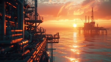 Oil and gas production from the platform in the middle of the ocean at sunset. AIG535