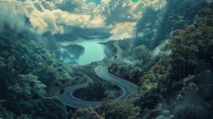 a lone car traveling on a serpentine highway, AI Generative