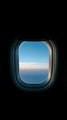 The airplane window is centered in the entire frame, captured at eye level. Through the window, the view of the clear sky