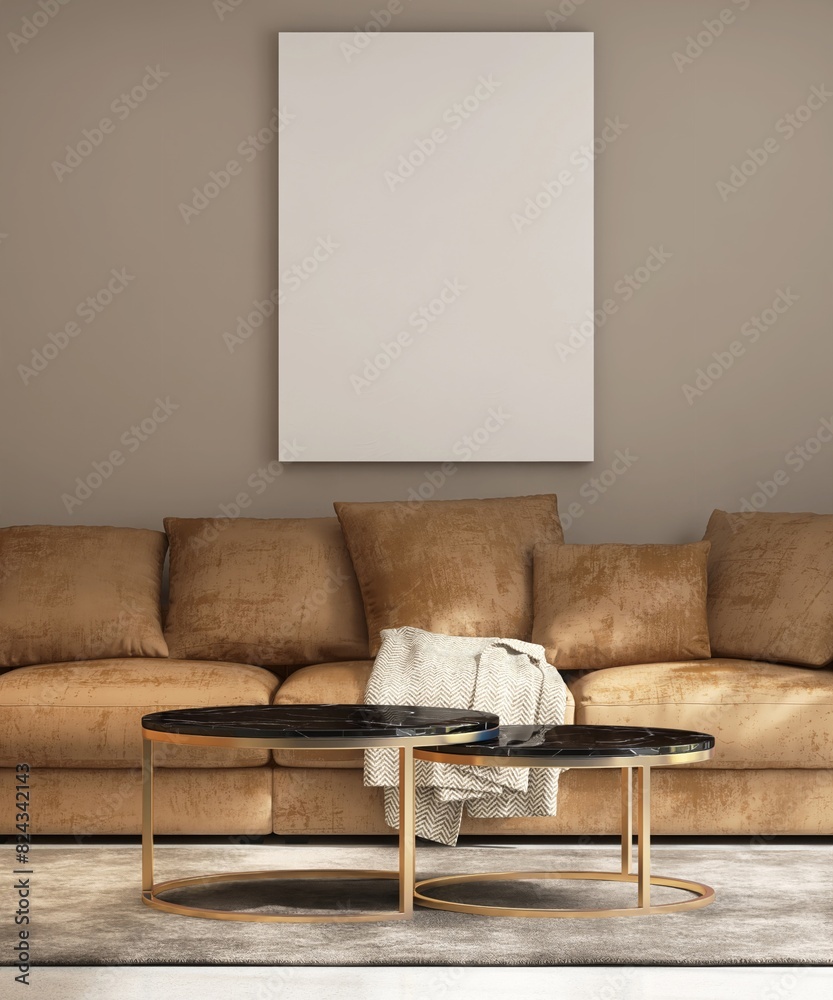 Wall mural blank large white poster frame on beige wall in living room with brown sofa, coffee table in sunligh